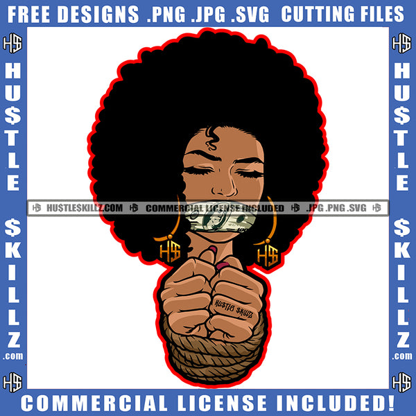 African American Woman Hands Tied Rope And Melanin Girl Tide Up Mouth With Tape Afro Hair Vector Design Element Black Girl Blood Dripping On Eye Ski SVG JPG PNG Vector Clipart Cricut Cutting Files