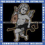 Young Child Angle Standing Design Angle Holding Gun And Bank Cash Money Bag Vector Design Element Angle Wings SVG JPG PNG Vector Clipart Cricut Cutting Files