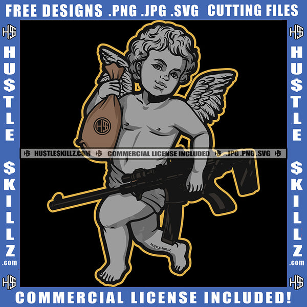 Young Child Angle Standing Design Angle Holding Gun And Bank Cash Money Bag Vector Design Element Angle Wings SVG JPG PNG Vector Clipart Cricut Cutting Files