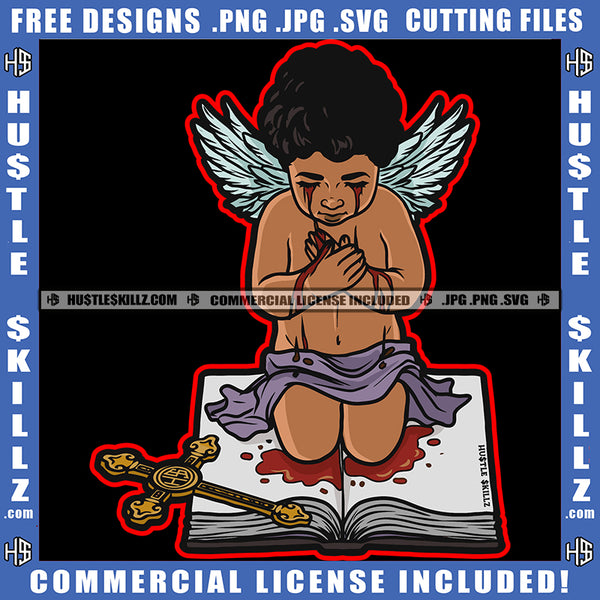 Young Child Angle Praying Sitting On Book Crying Angle Eye Blood Dripping Cross On Floor Vector Design Element Angle Wings SVG JPG PNG Vector Clipart Cricut Cutting Files
