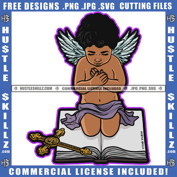 Young Child Angle Praying Sitting On Book Angle Wings Design Element Cross Sign On Book SVG JPG PNG Vector Clipart Cricut Cutting Files