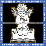 Young Child Angle Sitting On Book Praying Design Element Angle Wings Afro Hair White Color SVG JPG PNG Vector Clipart Cricut Cutting Files