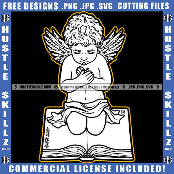 Young Child Angle Sitting On Book Praying Design Element Angle Wings Afro Hair White Color SVG JPG PNG Vector Clipart Cricut Cutting Files