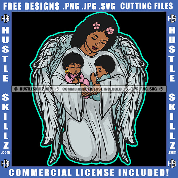Angle Woman Holding Angel Boy Ang Girl Vector Design Element Angle Woman Sitting On Floor Flower On Head SVG JPG PNG Vector Clipart Cricut Cutting Files