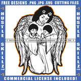 Angle Woman Holding Angel Boy Ang Girl White Color Vector Design Element Angle Woman Sitting On Floor Flower On Head SVG JPG PNG Vector Clipart Cricut Cutting Files