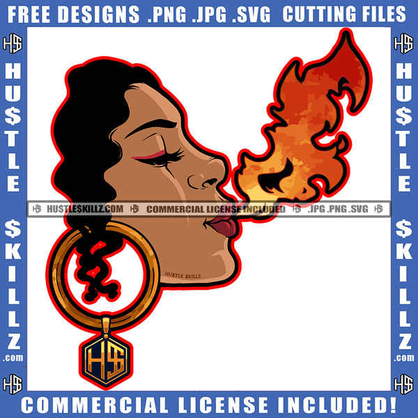Melanin Woman Half Face Blowing Flames Fire Design Element Heat Energy Hot Blaze Hoops Graphic Grind SVG PNG JPG Vector Cutting Cricut Files