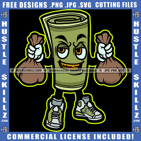 Cartoon Money Roll Funny Character Holding Money Bag Design Element Cash Money Roll Smile Face SVG JPG PNG Vector Clipart Cricut Cutting Files