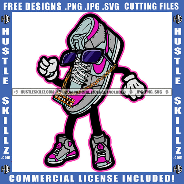 Funny Cartoon Shoes Character Wearing Sunglass And Hustle Chain Slipper Standing Design Element SVG JPG PNG Vector Clipart Cricut Cutting Files
