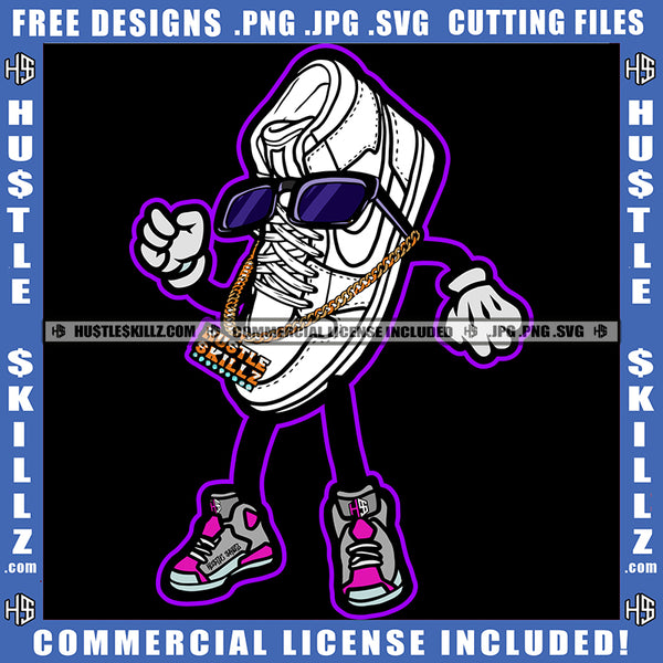 Funny Cartoon Shoes Character Wearing Sunglass And Hustle Chain Slipper Standing Design Element Shoe Character Also Wearing Shoe SVG JPG PNG Vector Clipart Cricut Cutting Files