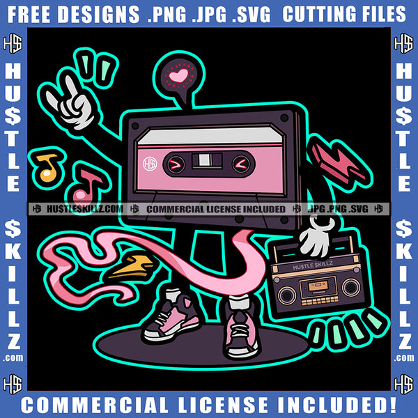 Cassette Disk Jockey Music DJ old style plates Comic Cartoon Vector Design Element Holding Radio Dj Box SVG JPG PNG Vector Clipart Cricut Cutting Files