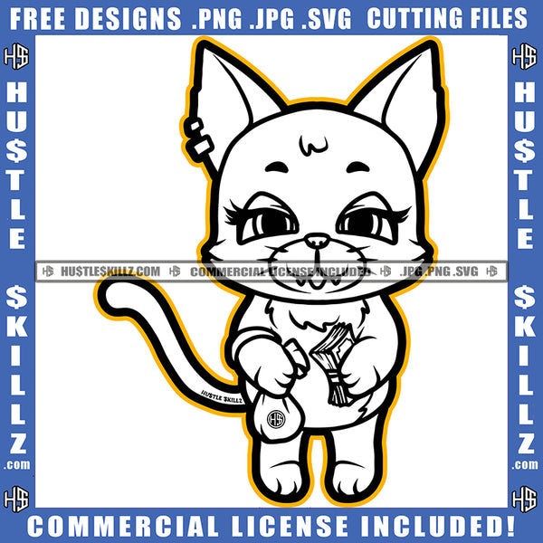 Cute Misa Cat Standing Smile Face Cat Holding Money And Money Bag White Color Design Element Cute Cat Wearing Ear Ring SVG JPG PNG Vector Clipart Cricut Cutting Files