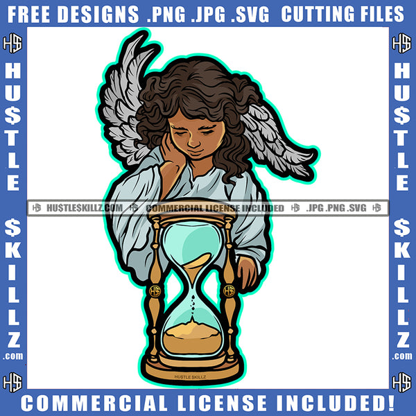 Young Melanin Angel On Wings Design Element Hour Glass Time Sand Clock Timer Watch Hour Flow Hustle Grind Skillz SVG PNG JPG Vector Cutting Cricut Files