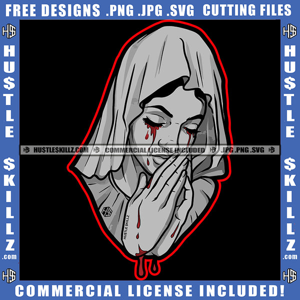 Crying Woman Blood Dripping Tears Praying Pray Mary Bowed Hands Head Head Covering Cloth Grind SVG PNG JPG Vector Cutting Cricut Files