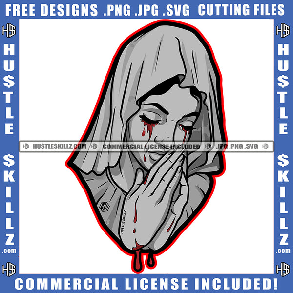 Crying Woman Blood Dripping Tears Praying Pray Mary Bowed Hands Head Head Covering Cloth Grind SVG PNG JPG Vector Cutting Cricut Files