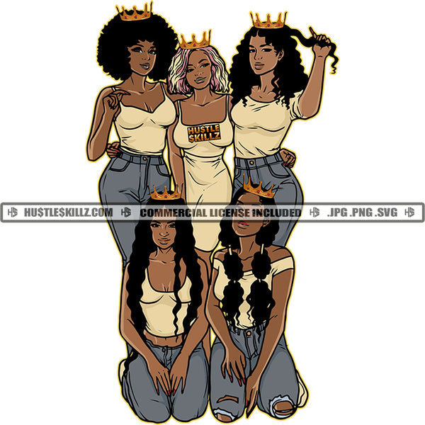 Five Black Queens Jeans Ripped Jeans Crowns Friends Dress Kneeling Posing  Skillz JPG PNG  Clipart Cricut Silhouette Cut Cutting