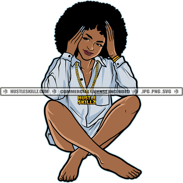 Black Woman Afro Long Night Shirt Chain Necklace Sitting Ankles Crossed Skillz JPG PNG  Clipart Cricut Silhouette Cut Cutting