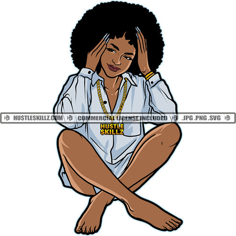 Black Woman Afro Long Night Shirt Chain Necklace Sitting Ankles Crossed Skillz JPG PNG  Clipart Cricut Silhouette Cut Cutting