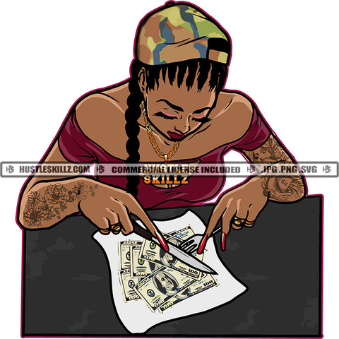 Black Woman Braids Camo Baseball Cap Hat Cutting Cash Money Tattoos Gold Necklace Skillz JPG PNG  Clipart Cricut Silhouette Cut Cutting