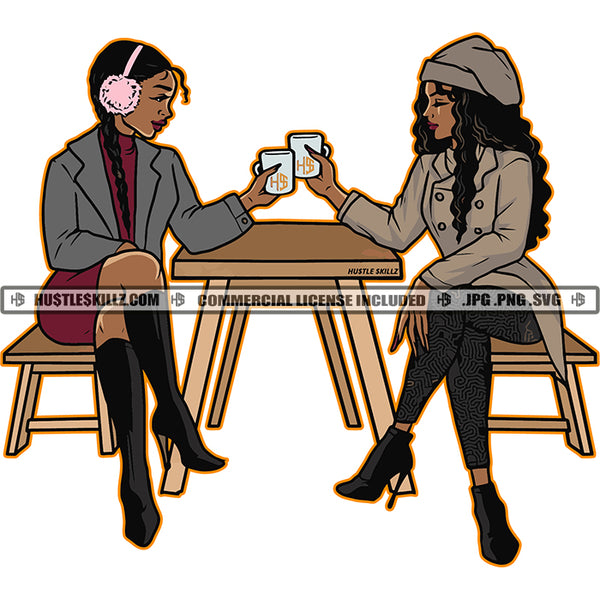 Two Black Women Braids Having Coffee Tumblers Mugs Bench Boots Legs Crossed Winter Hats Skillz JPG PNG  Clipart Cricut Silhouette Cut Cutting