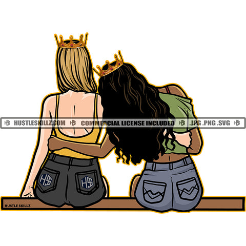 Two Women Friends Besties Girlfriends Black White Blonde Queens Crowns Jeans Skillz JPG PNG  Clipart Cricut Silhouette Cut Cutting