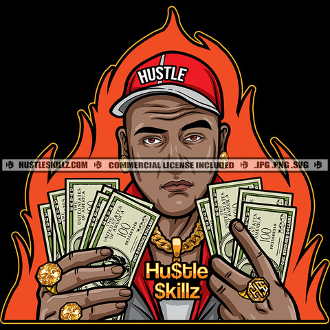 Man Red Baseball Hat Cap Holding Cash Money Hundred Dollar Bills Flames Gold Chains Gold Rings Skillz JPG PNG  Clipart Cricut Silhouette Cut Cutting
