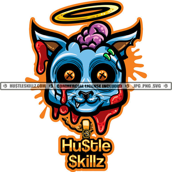 Creepy Gangster Cat Blue Halo Angel Dripping Blood Bloody Brains Head Skillz JPG PNG  Clipart Cricut Silhouette Cut Cutting