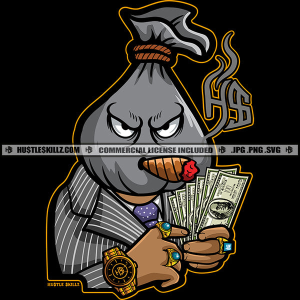 Money Bag Head Character Smoking Vector Holding Money Cash Bank Dollar Bill Melanin Hustler Hustling Angry Face Design Element SVG JPG PNG Vector Clipart Cricut Cutting Files