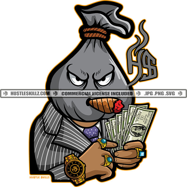 Money Bag Head Character Smoking Vector Holding Money Cash Bank Dollar Bill Melanin Hustler Hustling Angry Face Design Element SVG JPG PNG Vector Clipart Cricut Cutting Files