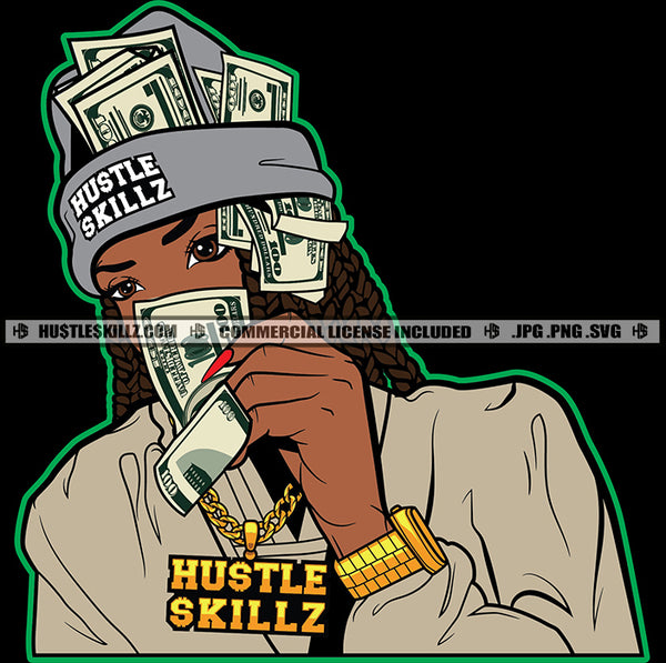 African Melanin Woman Money Hat Showing Off Bragging Hustler Grind Gangster Dope Diva Vector Design Element SVG PNG JPG Vector Cut Cutting