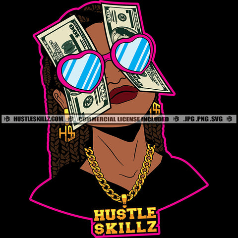 African Melanin Woman Money Heart Glasses Showing Off Bragging Hustler Grind Dope Diva Vector Design Element SVG PNG JPG Vector Cut Cutting Cricu