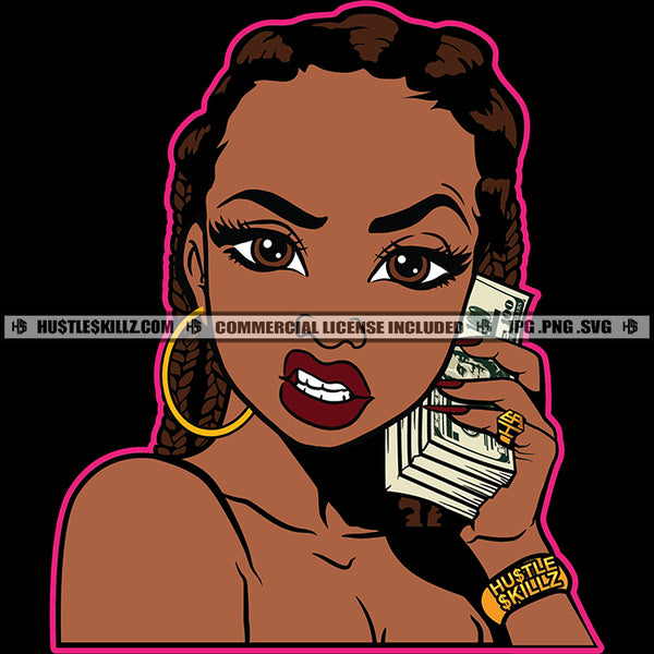 African Woman Face Design Element Afro Girl Holding Money Bundle Vector Afro Hair SVG JPG PNG Vector Clipart Cricut Cutting Files