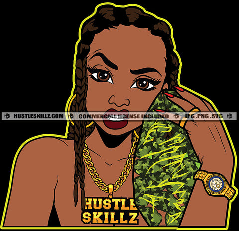 African American Afro Gangster Woman Lola Grass Herbs Hash Hustler Grind Woman Power Dope Diva Holding Marijuana Weed Design Element SVG PNG JPG Vector Cut Cutting Cricut