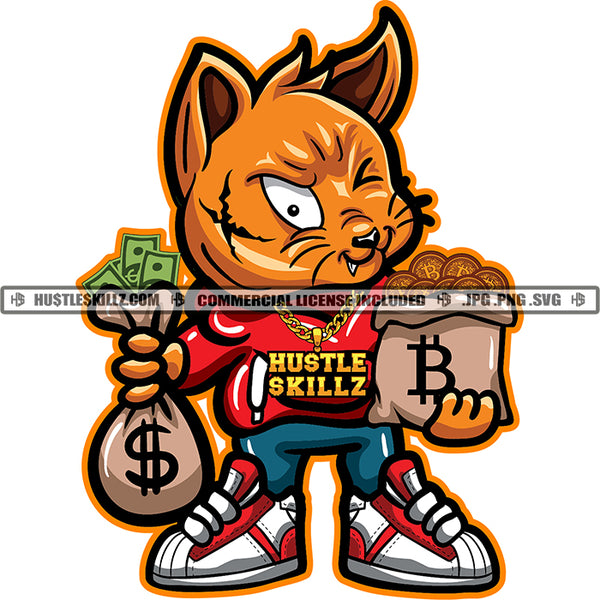 Gangster Scarface Cat Holding Money Bag Vector Design Element Gangster Cat Standing SVG JPG PNG Vector Clipart Cricut Cutting Files