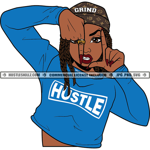 African American Gangster Woman Wearing Cap Locs Dreads Hair Photo Pose Hand Design Element Angry Face SVG JPG PNG Vector Clipart Cricut Cutting Files