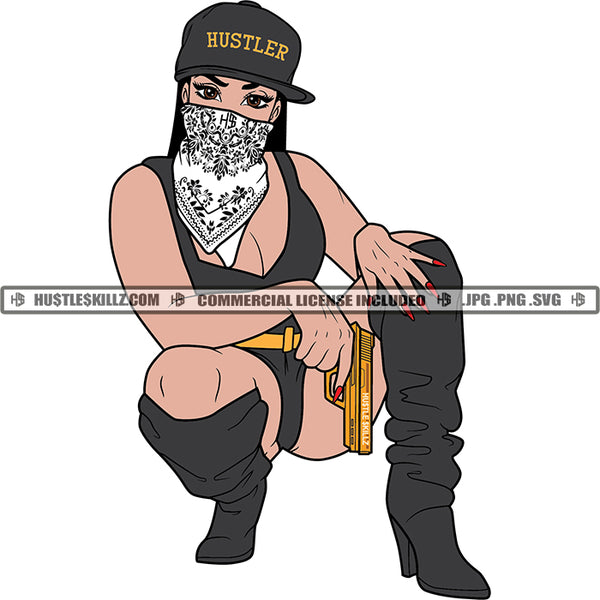 African American Gangster Woman Holding Gan Melanin Woman Wearing Face Mask And Cap Melanin Woman Wearing Bikini Vector Design Element SVG JPG PNG Vector Clipart Cricut Cutting Files