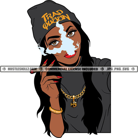 African American Gangster Woman Smoking Marijuana Weed Vector Design Element Curly Hair Woman Melanin Girl Wearing Cap SVG JPG PNG Vector Clipart Cricut Cutting Files