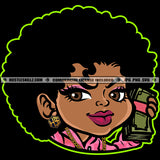 African Woman Smile Face Holding Money Puffy Afro Hair Woman Head Design Element Sexy Eye Girl SVG JPG PNG Vector Clipart Cricut Cutting Files
