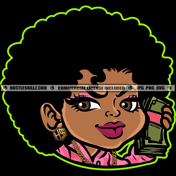 African Woman Smile Face Holding Money Puffy Afro Hair Woman Head Design Element Sexy Eye Girl SVG JPG PNG Vector Clipart Cricut Cutting Files