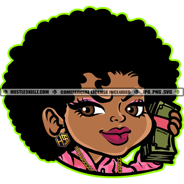 African Woman Smile Face Holding Money Puffy Afro Hair Woman Head Design Element Sexy Eye Girl SVG JPG PNG Vector Clipart Cricut Cutting Files
