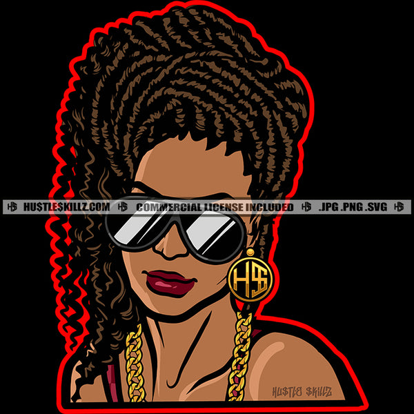 African American Woman Wearing Sunglass Curly Hairstyle Face Design Element Wearing Gold Chain Ear Hoop Vector Design Element SVG JPG PNG Vector Clipart Cricut Cutting Files