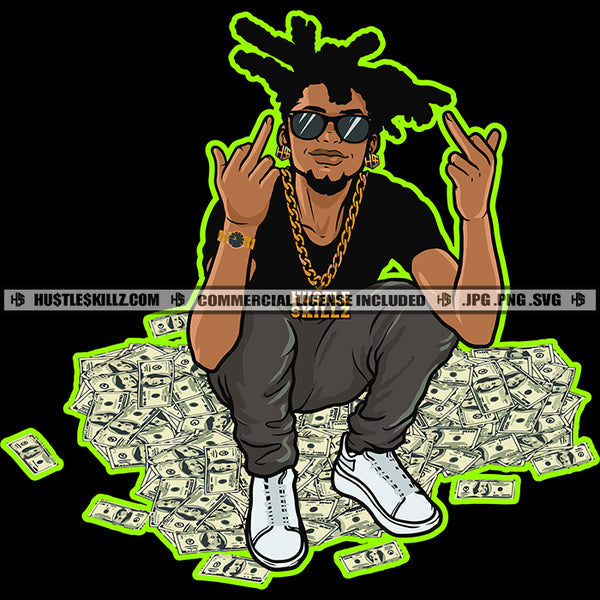 African Young Gangster Man Sitting Money Dollars Chain Sunglasses Earing Vector Design Element Graphic Beard Showing Middle Finger Grind Logo Hustle Skillz SVG PNG JPG Vector Cut Files