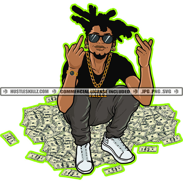 African Young Gangster Man Sitting Money Dollars Chain Sunglasses Earing Vector Design Element Graphic Beard Showing Middle Finger Grind Logo Hustle Skillz SVG PNG JPG Vector Cut Files