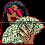 Afro Gangster Woman Curly Hairstyle Melanin Woman Wearing Sunglass Cap Holding Money Fan Vector Design Element SVG JPG PNG Vector Clipart Cricut Cutting Files