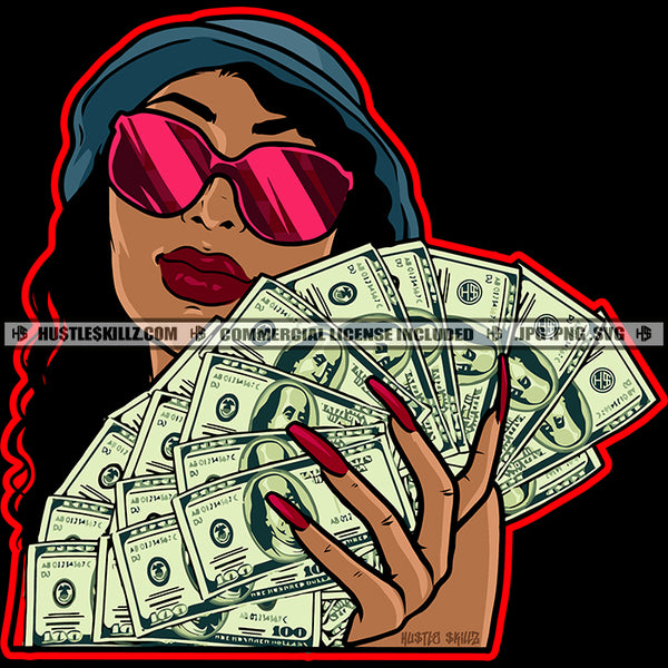 Afro Gangster Woman Curly Hairstyle Melanin Woman Wearing Sunglass Cap Holding Money Fan Vector Design Element SVG JPG PNG Vector Clipart Cricut Cutting Files