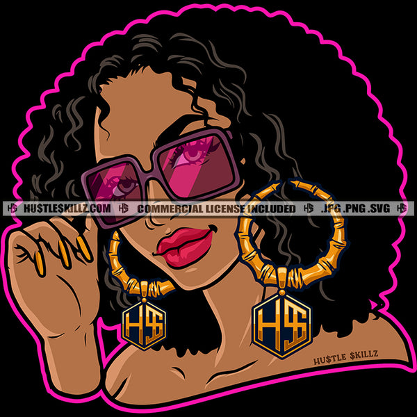 African American Gangster Woman Curly Hair Style Melanin Woman Wearing Sunglass Long Nail Ear Hoops Vector Design Element SVG JPG PNG Vector Clipart Cricut Cutting Files