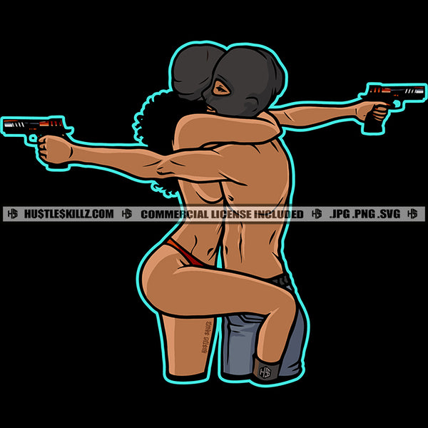 African American Couple Hug Design Element Holding Gun Melanin Woman Wearing Bikini Half Face Mask Vector Design Element SVG JPG PNG Vector Clipart Cricut Cutting Files
