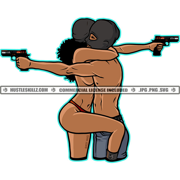 African American Couple Hug Design Element Holding Gun Melanin Woman Wearing Bikini Half Face Mask Vector Design Element SVG JPG PNG Vector Clipart Cricut Cutting Files