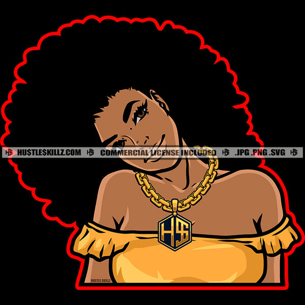 African American Woman Afro Goddess Black Woman Puffy Afro Hair Wearing Short Dress Beautiful Smile Face Gold Top SVG Cutting Vector Files