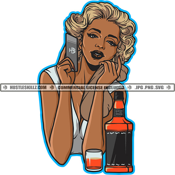 Marilyn Monroe Cartoon Face Golden Hair Drink Bottle Glass Vector Design Element Smile Face Holding Card SVG JPG PNG Vector Clipart Cricut Cutting Files