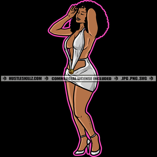 Afro Woman Beautiful Plus Size Curvy Breast Bodacious Sexy Outfit Standing Curly Hairstyle Vector Design Element SVG JPG PNG Vector Clipart Cricut Files
